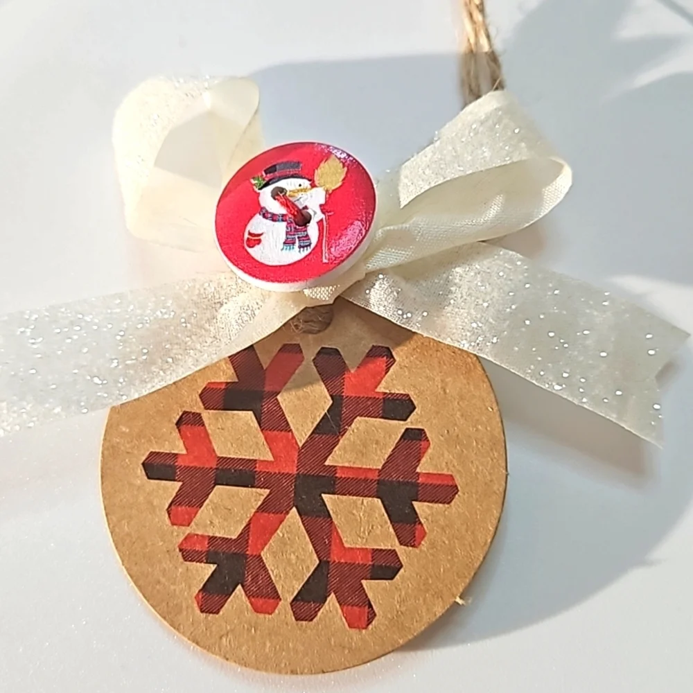 Handcrafted Upcycled Paper giftsTags Holiday red black plaid handmade 8ornaments
